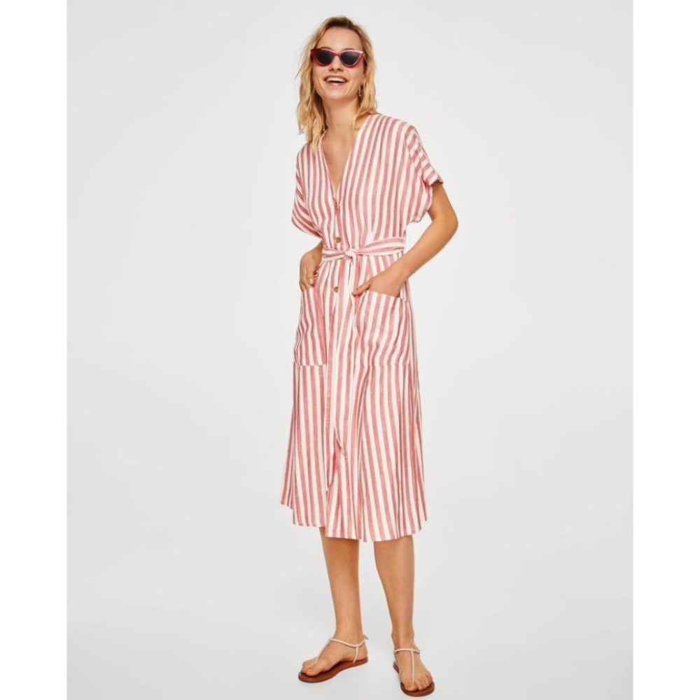 Stripe Linen Dress with Tie Belt